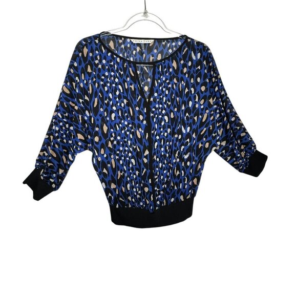 TRINA TURK Blue Black and Beige Spotted Print Silk Keyhole Neck Dolman Blouse - Picture 7 of 7